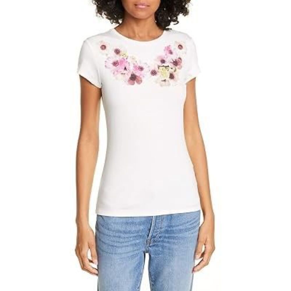 Ted Baker Ivory Jesicah Neopolitan Floral Fitted Tee Top Size 4 US Large Stretch